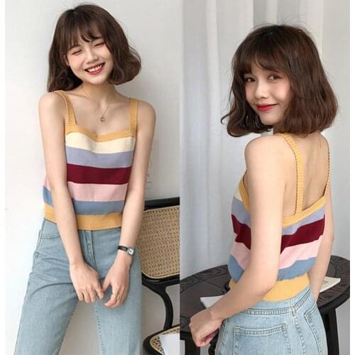 Women Rainbow Stripe Square Neck Sleeveless Knit Strappy Vest Top Casual Blouse Knit Strappy Vest Top Casual Blouse Vest Vest Ve