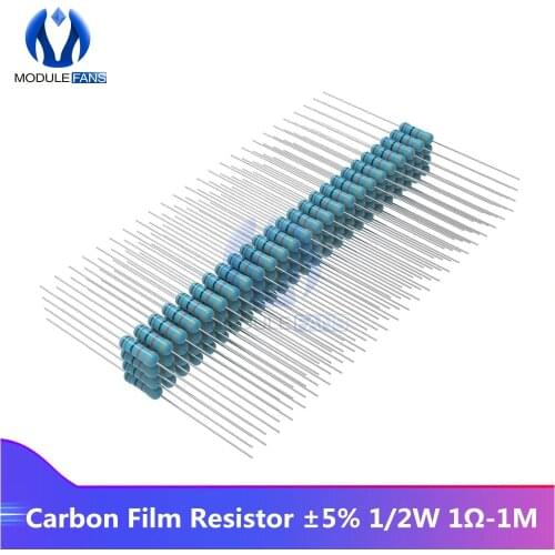 100PCS Diy Electronic Carbon Film Resistor 5% 1/2W 0.5W 1R-1M 1K 2.2K 4.7K 5.1K 6.8K 10K 15K 22K 47K Ohm Resistance 1% +1% -1