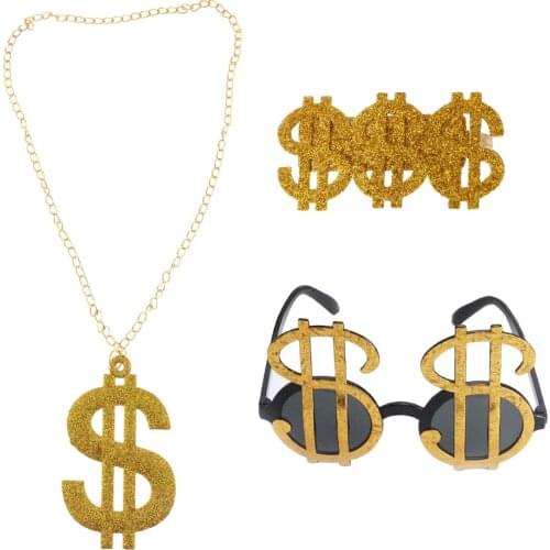 3pcs/set Shiny Golden Dollar Sign Money Pendant Necklace Glasses Ring Men’s Funny Pimp Gangster Rapper Fancy Costume Prop