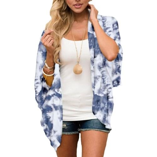 40# Womens Sunscreen Shirt Casual Flowy Kimono Cardigan Open Front Tie-dye Printed Chiffon Blouse Loose Tops Женская Одежда