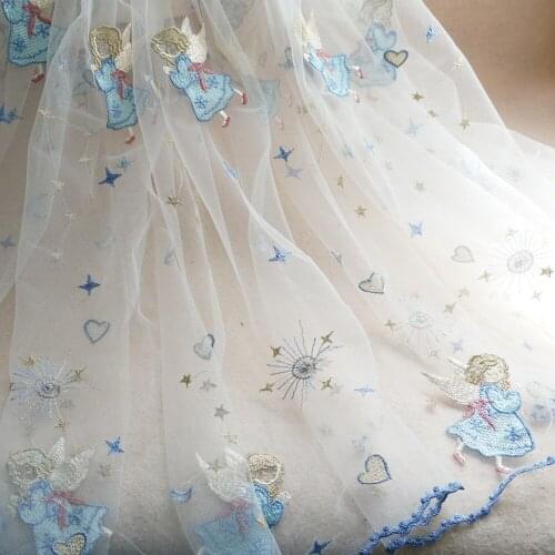 White Kids Cartoon Tulle Mesh Fabric Cute Angel Embroidered lace Tulle For Girl Clothes Dress sold By the yard 130cm Wide