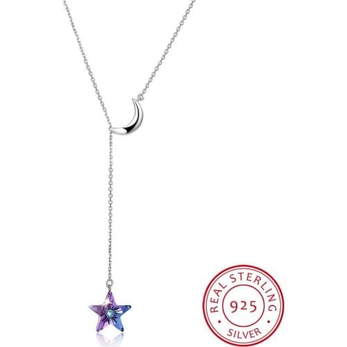 LEKANI Crystals Long Chain Necklaces Pendants Real 925 Silver Moon Star Collares For Women Gifts Fine Jewelry