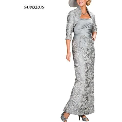 Long Lace Mother Of The Bride Dresses 2020 With Lace Jacket Elegant Lady Outfit Vintage Gray Wedding Party Gowns Wear CM0155