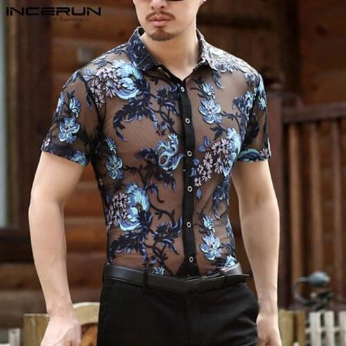 INCERUN Fashion Mens Shirt Short Sleeve Flower Embroidered Mesh Sexy Shirt Men See Through Slim Fit Transparent Lace Shirt Tops