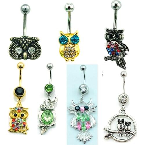 JINGLANG Classic Gold Color Belly Button Rings Stainless Steel Rhinestone Owl Navel Rings For Men Body Piercing Jewelry