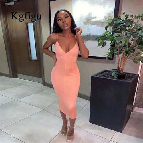 KGFIGU 2020 New Arrival Spaghetti Strap V-Neck Stretchy Hiqh Quality Sleeeveless Women Wholesale Off-shoulder Elegant Dress