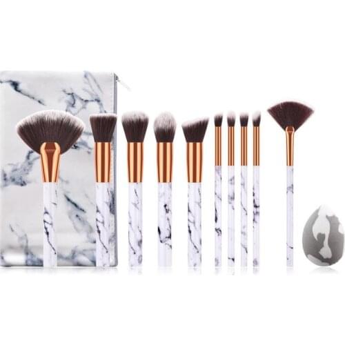 10 Pcs/set Marbling Brush Bag Makeup Brush Soft Nylon Fiber Plastic Handle Eyeshadow Blusher Power Brush Cosmetics Tool Set