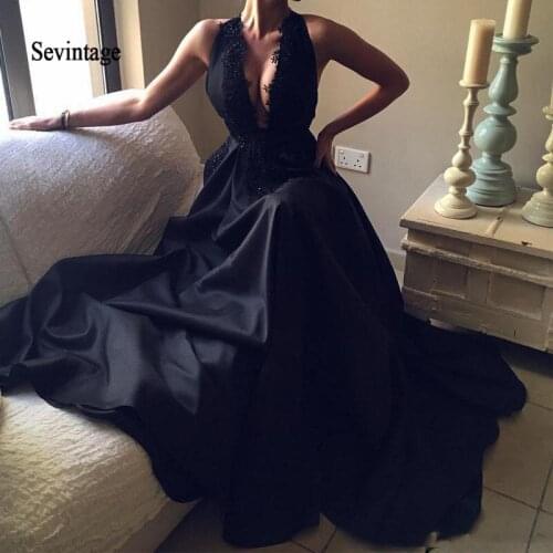 Sevintage Black A-line Lace Prom Dresses Deep V Neck Beaded Party Dress Sexy Cri-Cross Back Evening Gowns vestidos de gala 2020