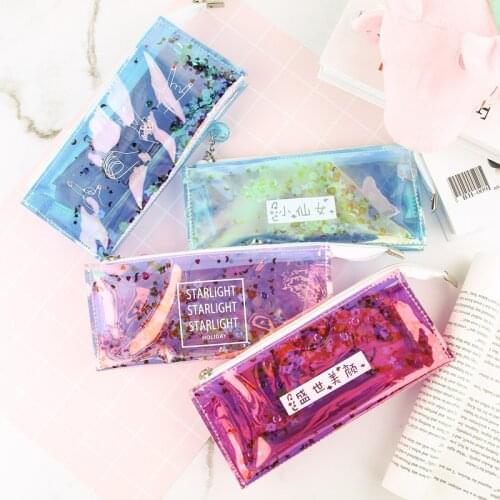 1pcs Cute PVC Pencil Case Colorful Transparent Sequin Quicksand Girl Pencil Bag Creative Korean Stationery School Supplies