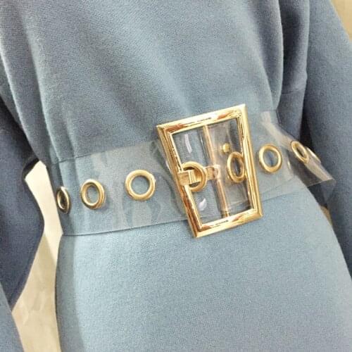 Fashion Women Transparent Wide Waist Belt Female Designer Trapezoid Gold Metal Buckle Dress Laser Clear PVC Belt