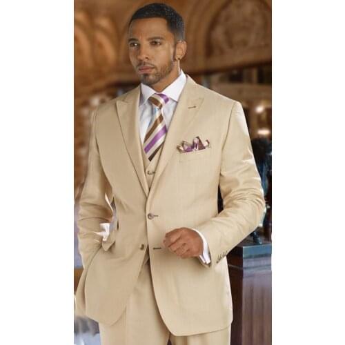 2017 Latest Coat Pant Designs Champagne Beige Men Suit Slim Fit 3 Piece Tuxedo Custom Groom Suits Prom Blazer Terno Masculino