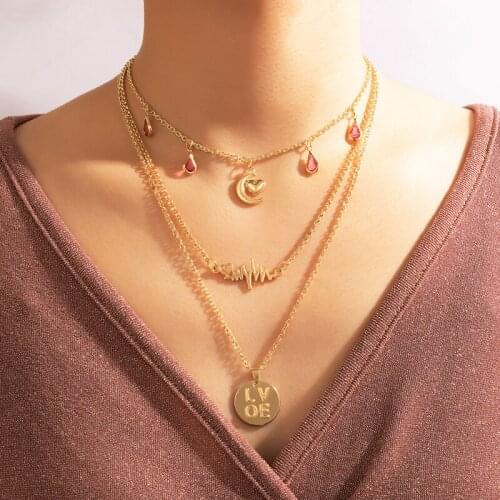Docona Charming Waterdrop Crystal Tassel Necklace for Women Multilayer Love Heart Moon Clavicle Chain Party Jewelry Collar 17694
