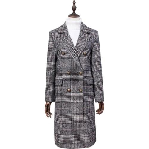 Spring autumn medium length wool coat women lattice overcoat casaco feminino abrigos invierno jaqueta feminina manteau femme