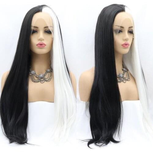 Long striaght mermaid piano half color synthetic lace front wig white to black two tones heat Resistant replacement wigs for wom