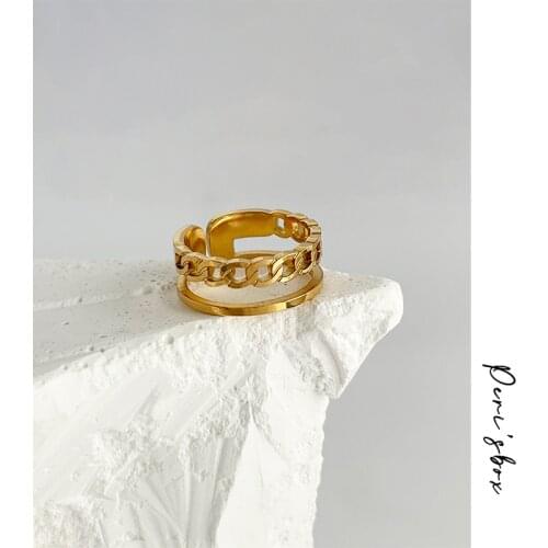 PerisBox Punk 2 Layers Hollow Oval Chain Ring For Women Gold Color Trendy Adjustable Opening Ring Hip Hop Simple Geometric Ring