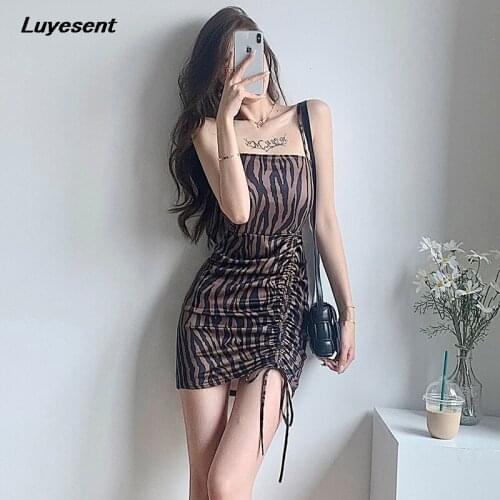 Sexy Draw String Lady Striped Mini Dress Backless Pleated Girl Dresses Sleeveless Empire Coffee Zebra Skin Print Elegant Cloth