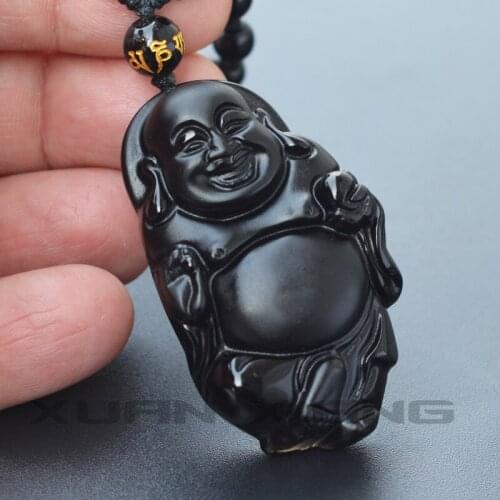 Drop Shipping Mens Jade Necklace Pendant Black Obsidian Stone Maitreya Laughing Buddha Pendant Gift for Females Fine Jewelry