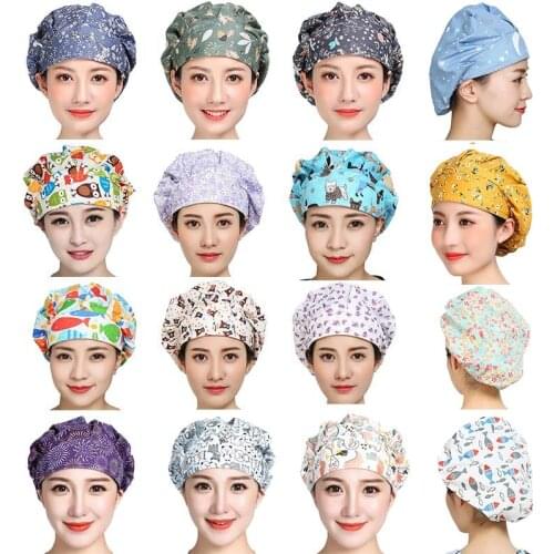 Christmas Women Scrub Caps Pattern Printed Cotton Sweatband Bouffant Caps Washable Reuseable Working Hats Gorro Enfermera #J