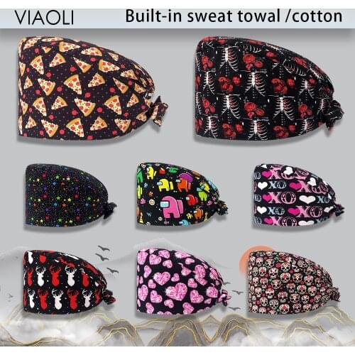 Swest-absorbent Elastic Section Pet Grooming Nursing Crub Hat Dental Hospital Work Hats Lab Scrub Cap Womens Cotton Scrubs Caps