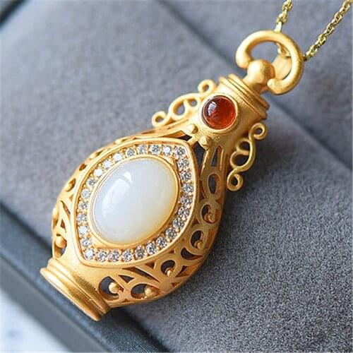 Womens Vintage Ethnic Small Bottle Pendants Necklaces Opal Stone Stud Retro Pattern Hollow Pendant Elegant Necklace Jewelry
