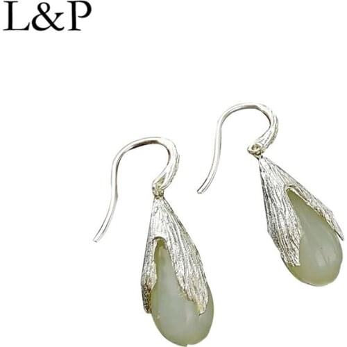 L&P New Fashion Real 925 Silver Natural Jade Drop Earrings For Women Elegant Statement Earrings Women Jewelry