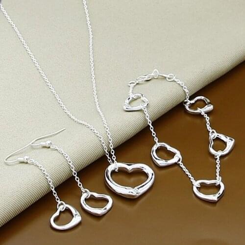 Free Shipping 925 Sterling Silver Fashion Simple Small Love Heart Jewelry Set Necklace Bracelet Earrings Bijoux Femme