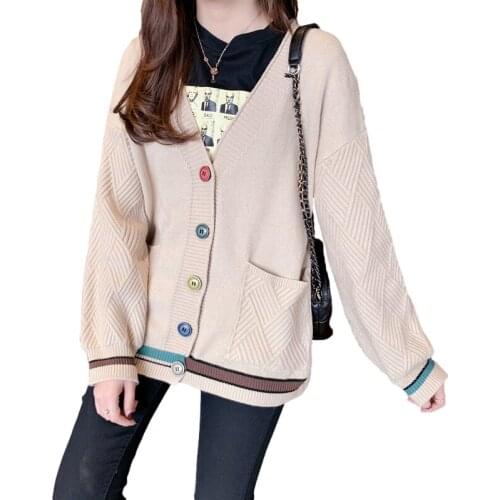 Autumn Fashion Patchwork Sweater Women Knitted Jacket Coat Jumper Ladies V-Neck Long Sleeve Big Pocket Knit Cardigan Tops Female