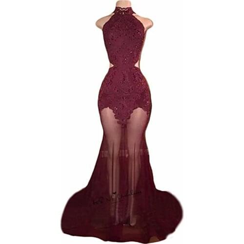 Burgundy Sexy Backless Evening Party Dresses See Through Long Lace Prom Dress High Neck Robe de Soiree Special Occasion Gowns