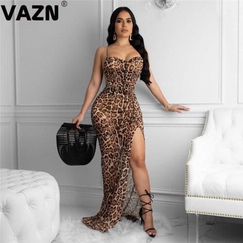 2020 New Arrival Leopard Sexy Holiday Open Spaghetti Strap Backless Young Elegant High Waist Women Chiffon Mermaid Maxi Dress