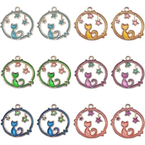 10Pcs Colorful Cats Stars Moon Alloy Metal Drop Oil Charms KC Gold Pendant For DIY Bracelet Necklace Jewelry Making DIY Findings