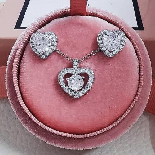 2pcs Pack 925 Sterling Silver Jewelry Set Heart Shape Stud Earring Necklace Pendant Promise Fashion Christmas Gift Women J6241