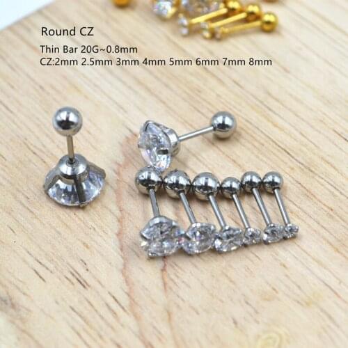 50pcs Body Jewelry Piercing - Sliver Thin Bar 20G~0.8mm Round CZ Gems Earring Ear Helix Bar Lobe Cartilage Tragus Diath Studs