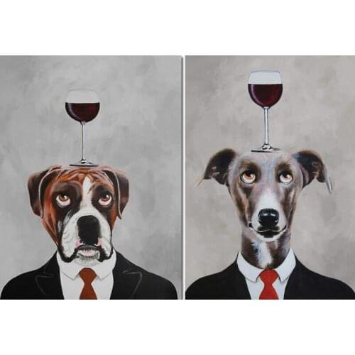 Abstract art Dog oil paintings The boxer and Wine hand painted pets portrait modern canvas artwork black white for wall decor