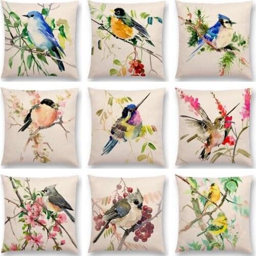 Watercolor Lovely Birds Linen Cushion Cover Robin Tit Finch Hummingbird Goldfinch Sparrow Prints Pillow Case Double printing
