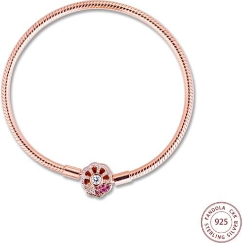 100% 925 Sterling Silver Moments Pink Fan Clasp Snake Chain Bracelets for Women Fine Jewelry Gift Charm Bracelet Bijoux