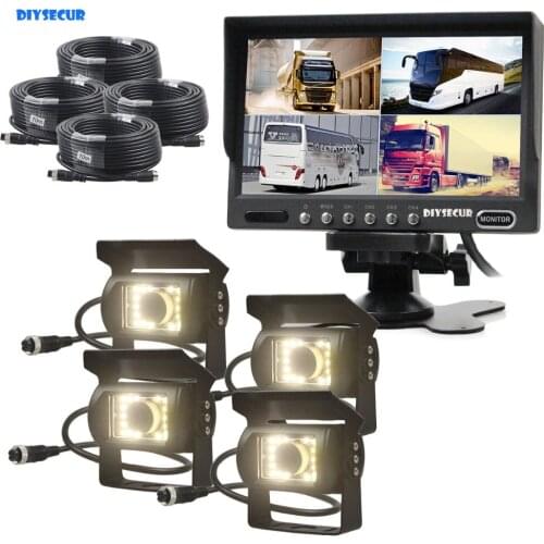 DIYSECUR 7" 4 Split QUAD Backup Rear View Car Monitor + Waterproof LED Reversing Rear View Camera for Truck Bus