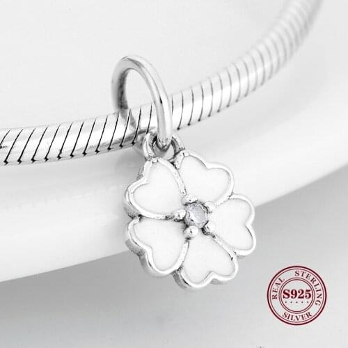White Spring Flowers 925 Sterling Silver Heart Charms Pendants Fit Original Charm Bracelet Jewelry DIY Making
