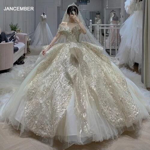 HTL1553 Champagne Luxury Crystal Wedding Dress With Veil 2020 Sequined Beading Sweetheart Off The Shoulder Ball Gowns
