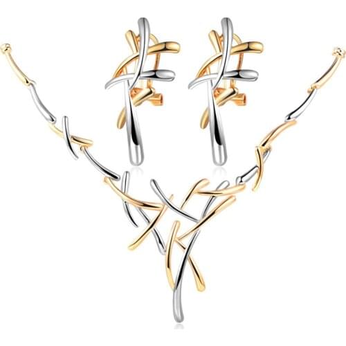 Gold Silver Color Crossed Necklace Earring Set Creative Smooth Water Drop Ear Stud Luxury Jewelry Set Gift For Women
