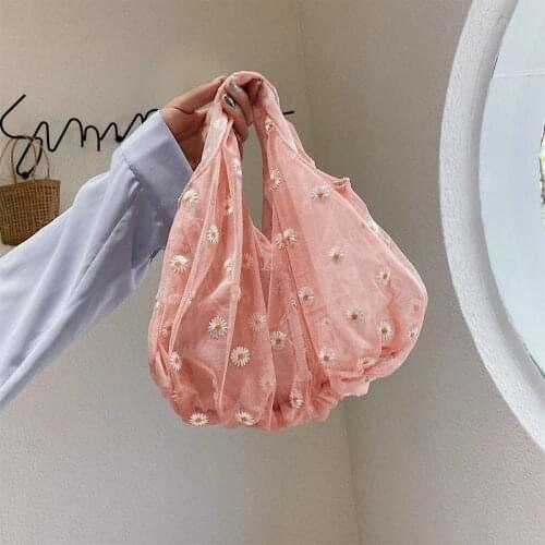 Lace Embroidery Hand Bag for Women Sale Flower Pattern Transparent INS Style Small Cloth Bag for Girl Handbag Phone Purse