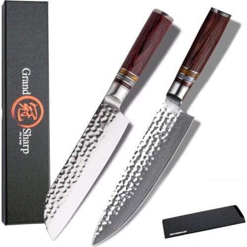 GRANDSHARP Chef Knife Set 2 Pcs Japanese Steel Damascus Kitchen Knives Japanese Knife Set Santoku Kitchen Knife vg10 Damascus