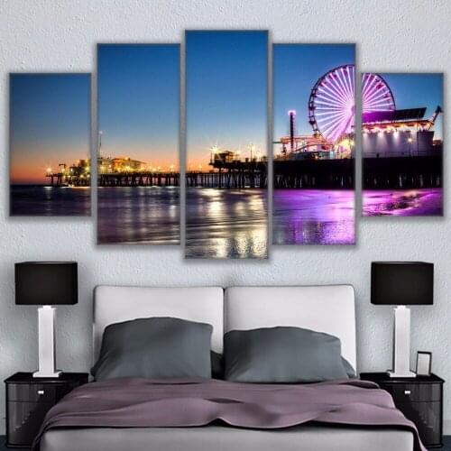 Canvas Wall Art Pictures Home Decor Living Room 5 Pieces Los Angeles Beach Pier Painting No Frame Prints Ferris Wheel Poster