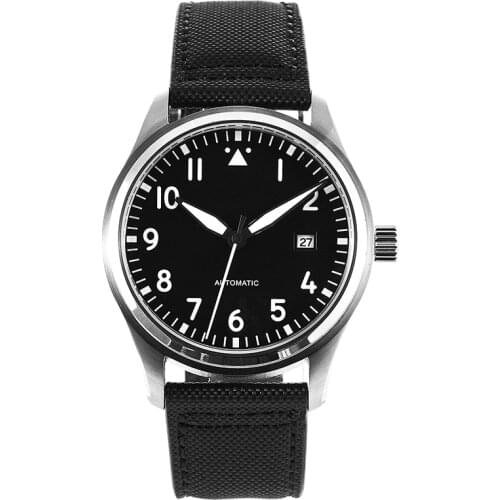 New 42mm Black Pilot Watch 5ATM MIYOTA Automatic Domed Sapphire Crystal Full Luminous Canvas Leather Strap