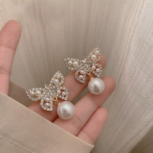Huge Bud Korean Exquisite Butterfly Pearl Earrings Fashion Temperament AAA Zirconia Charm Drop Earrings Elegant Ladies Jewelry