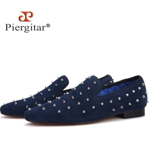 Piergitar new summer style handmade navy suede men shoes with silver rivet fashion smoking slippers prom and banquet men loafers