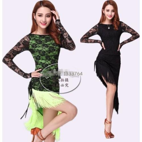 Long Sleeve Latin Dance Dress Lady Dress-For-Ballroom-Dancing Female Lace Tassel Saia Social Tango Dress Salsa Ballroom Costume