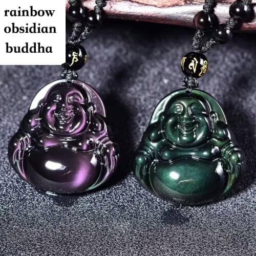 Natural Stone Pendant Buddha Obsidian Green Purple Big Belly Laughing Buddha Man Women Pendant Necklace Jewelry For Couple