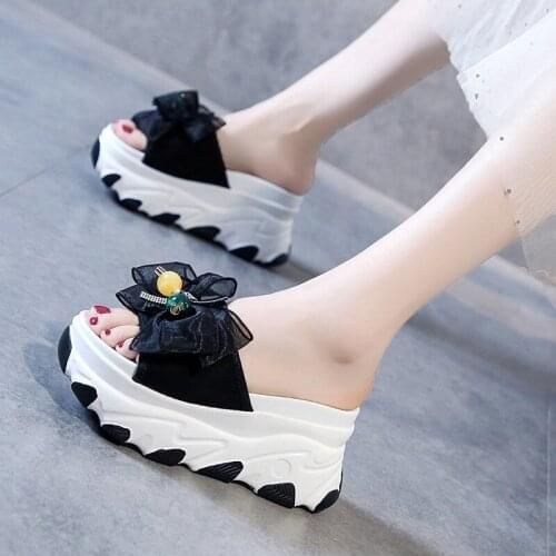 Slippers Women Slides Bow Summer Sandals Bow-Knot Slippers Thick Soles Internal increase Platform Female Beach Shoes Flip Flops