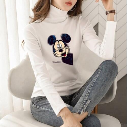 Disney Mickey Mouse Basic Long Sleeve Womens Tshirt Casual Black White Turtleneck T Shirt Ladies Fashion Korean Tee Shirt Y2K