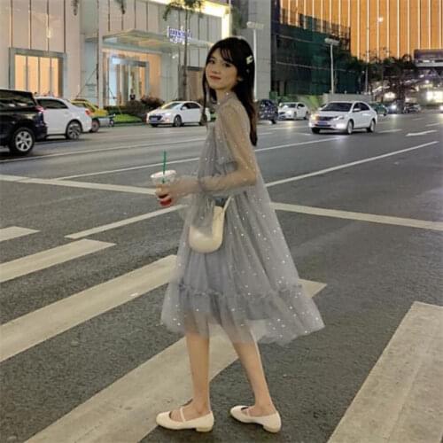 Skirt Female Student Korean Style Loose Spring and Summer Small Mesh Lace-up Dress Sequins Super Fairy Sweet Fairy Dress